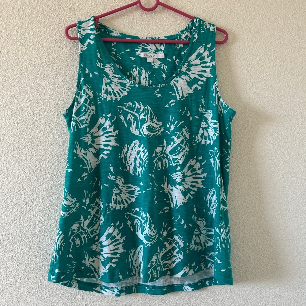 Chico’s Beachy Vacation Summer Seashell Tank Top Teal green Women’s size 1